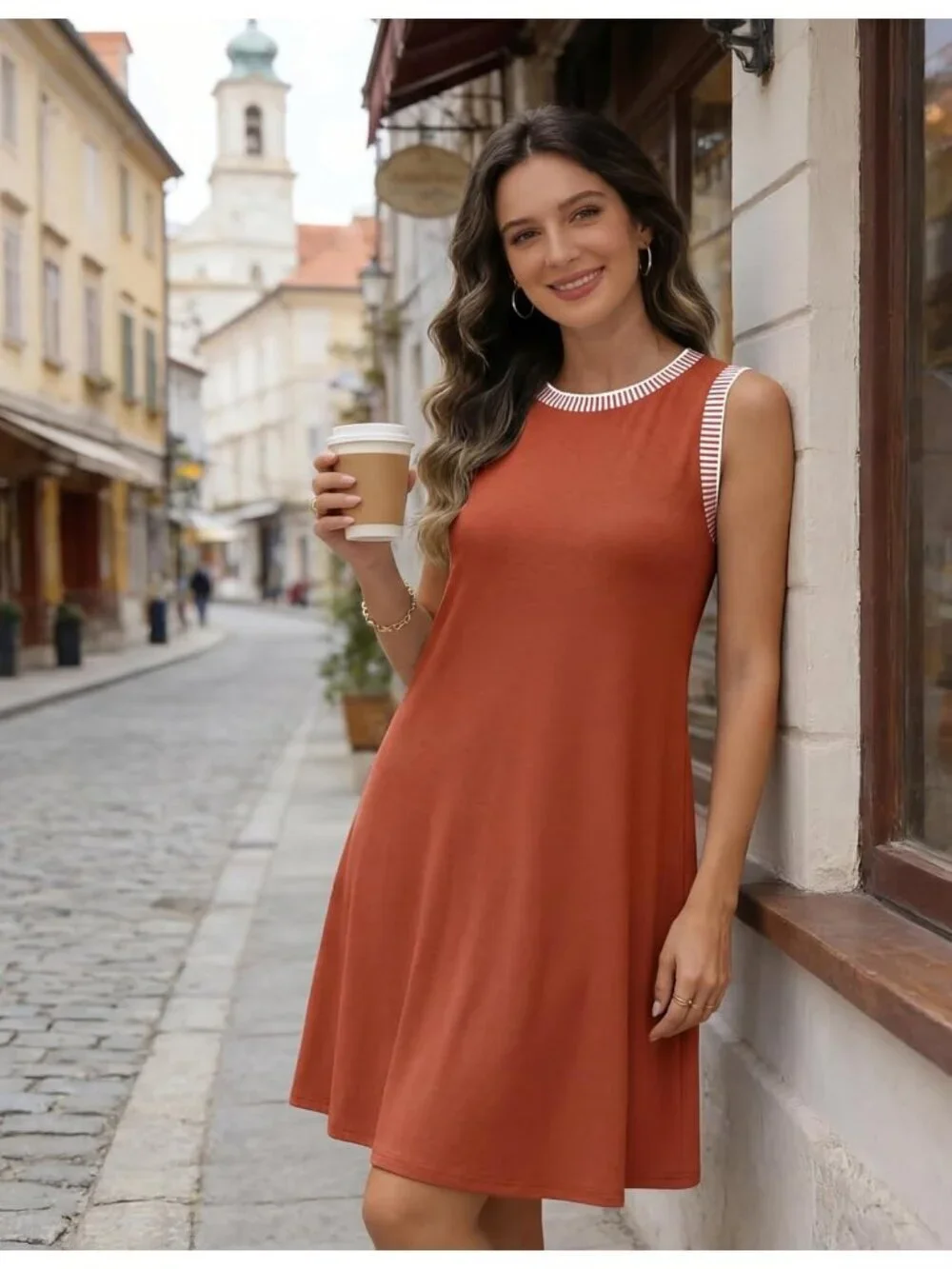 Women's Caramal Sleeveless Tank Cruise Shift Swing Sundress Stylish Mini Dress